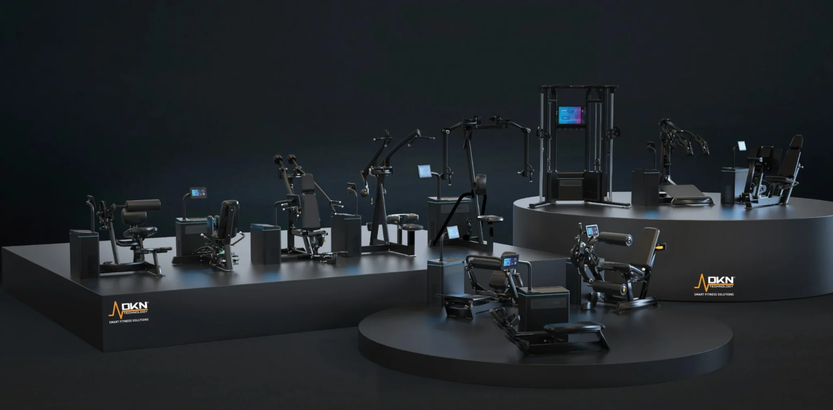 Er is een blauwe baan in het midden van de gymzaal.