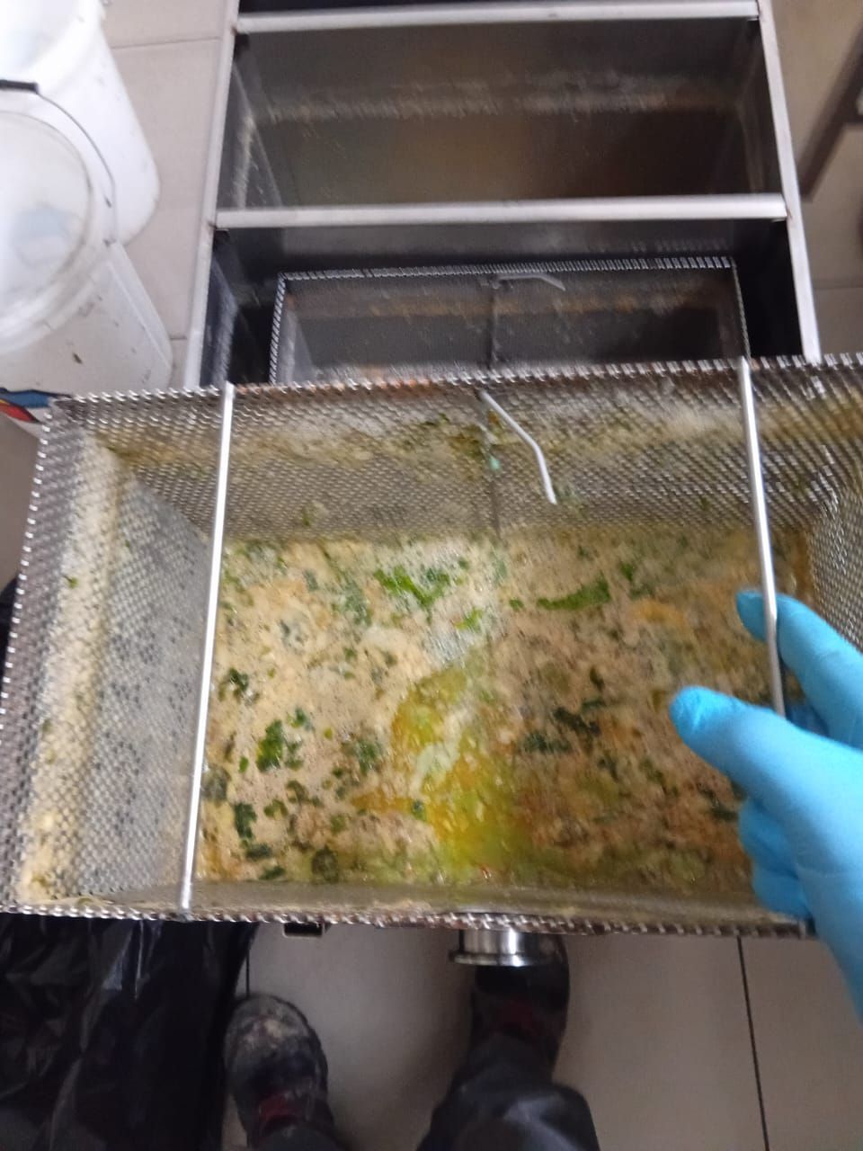 Una persona con guantes azules sostiene una cesta de alambre llena de restos de comida grasosa sobre una freidora.