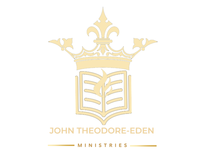 A gold logo for john theodore eden ministries with a crown and a book.