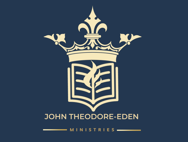 A logo for john theodore eden ministries with a crown over an open book