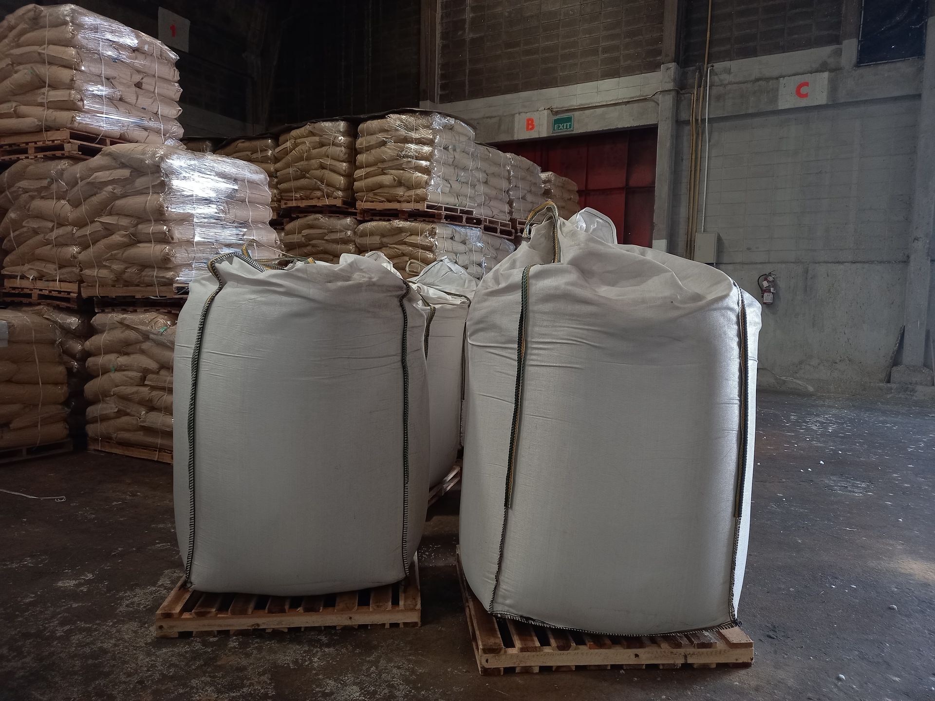 Two bags are sitting on a wooden pallet in a warehouse