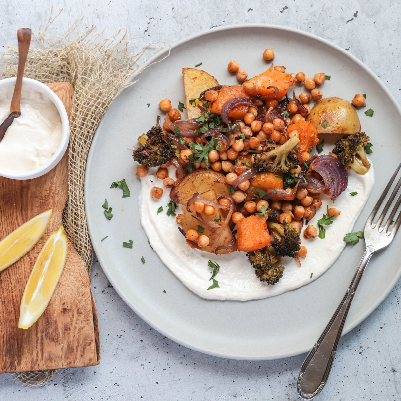 Roasted Veg Traybake with Yoghurt Tahini Dip