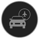 A gray car icon with a smaller airplane icon in a circle behind it, set against a dark circular background.