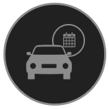 A circular icon depicting a gray car silhouette with a calendar symbol in a smaller circle above it.