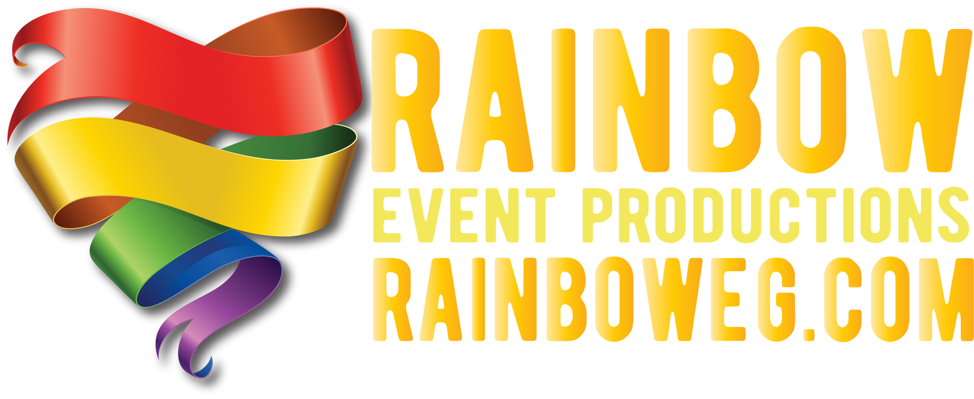 A logo for rainbow event productions with a rainbow ribbon