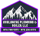 Logo for Avalanche Plumbing & Boiler LLC: purple and navy hexagon with mountain and pine tree graphic; contact numbers.