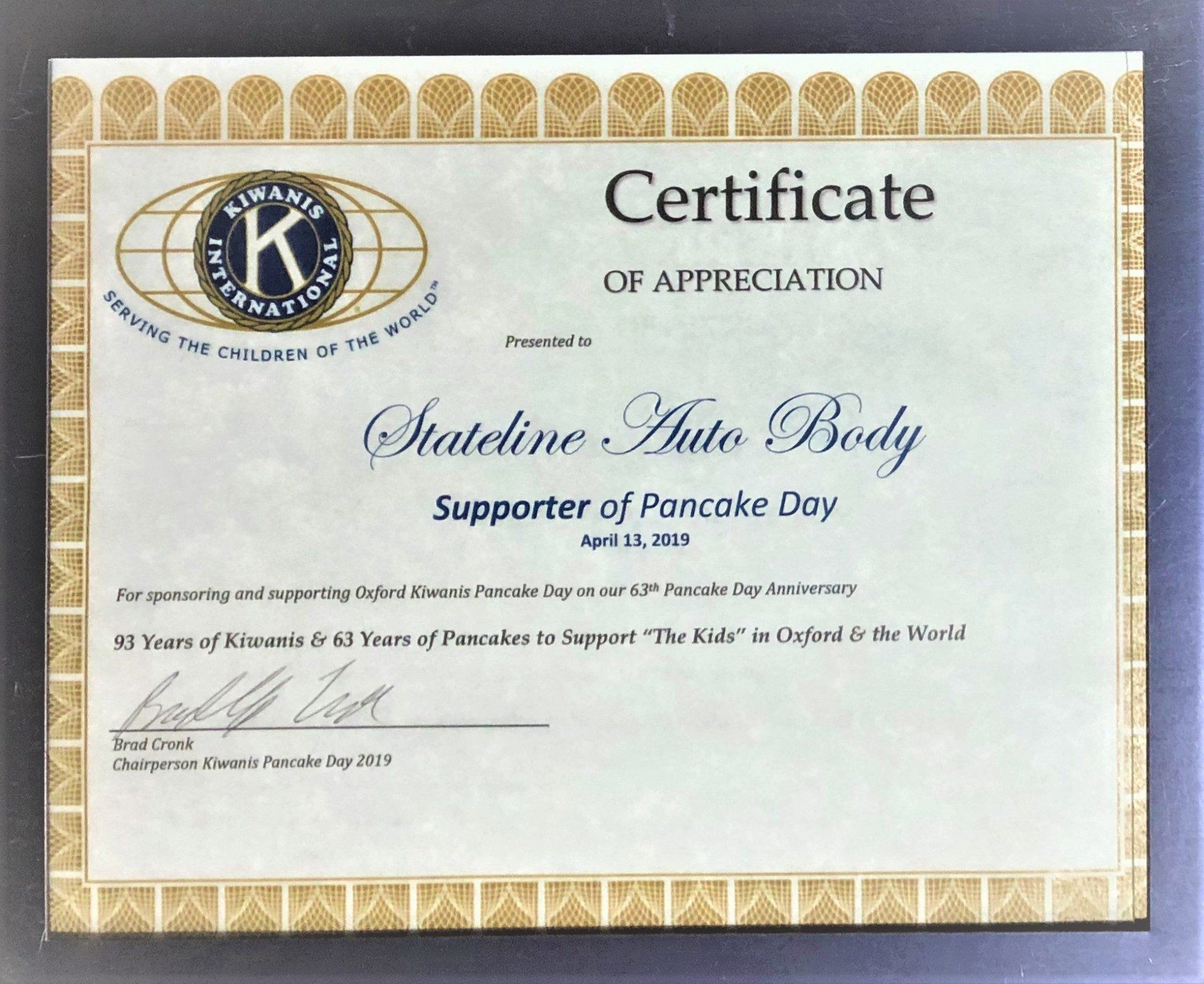Certificate from Kiwanis — Oxford, OH — Stateline Auto Body