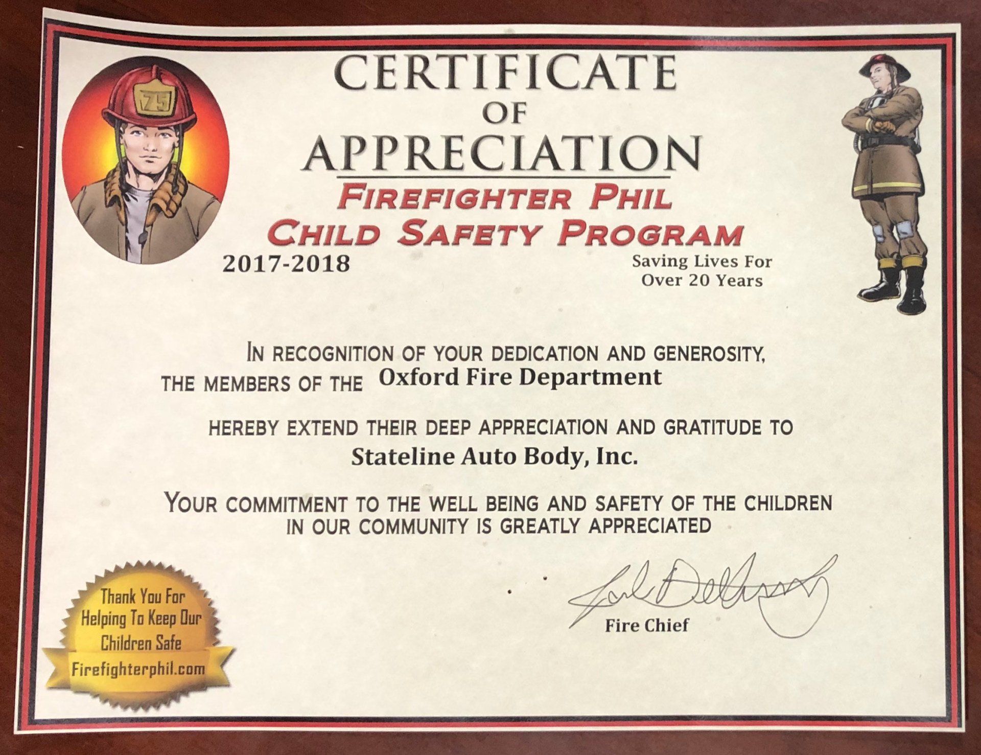 Certificate from Firefighter Phil — Oxford, OH — Stateline Auto Body