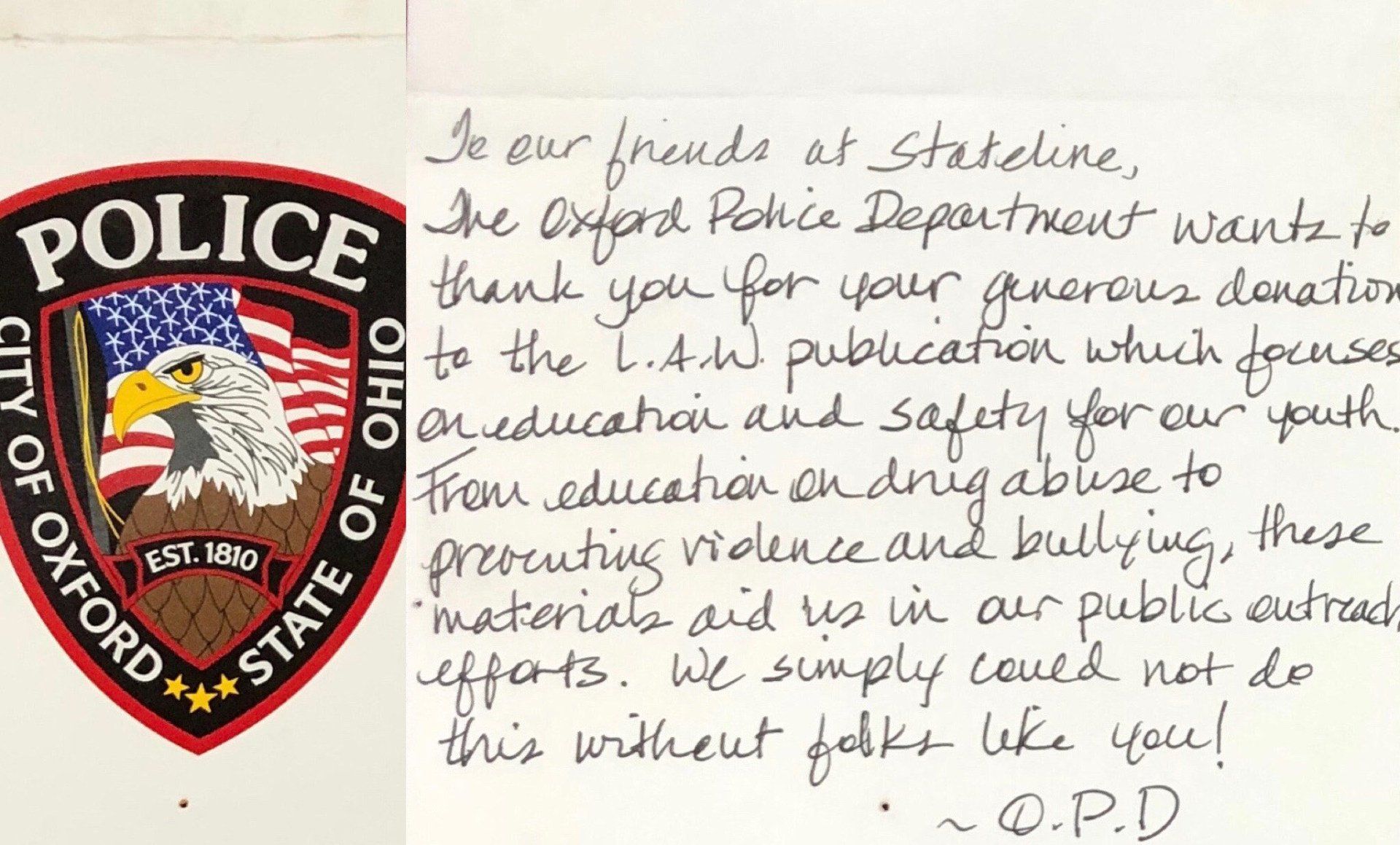 Police Appreciation Message — Oxford, OH — Stateline Auto Body