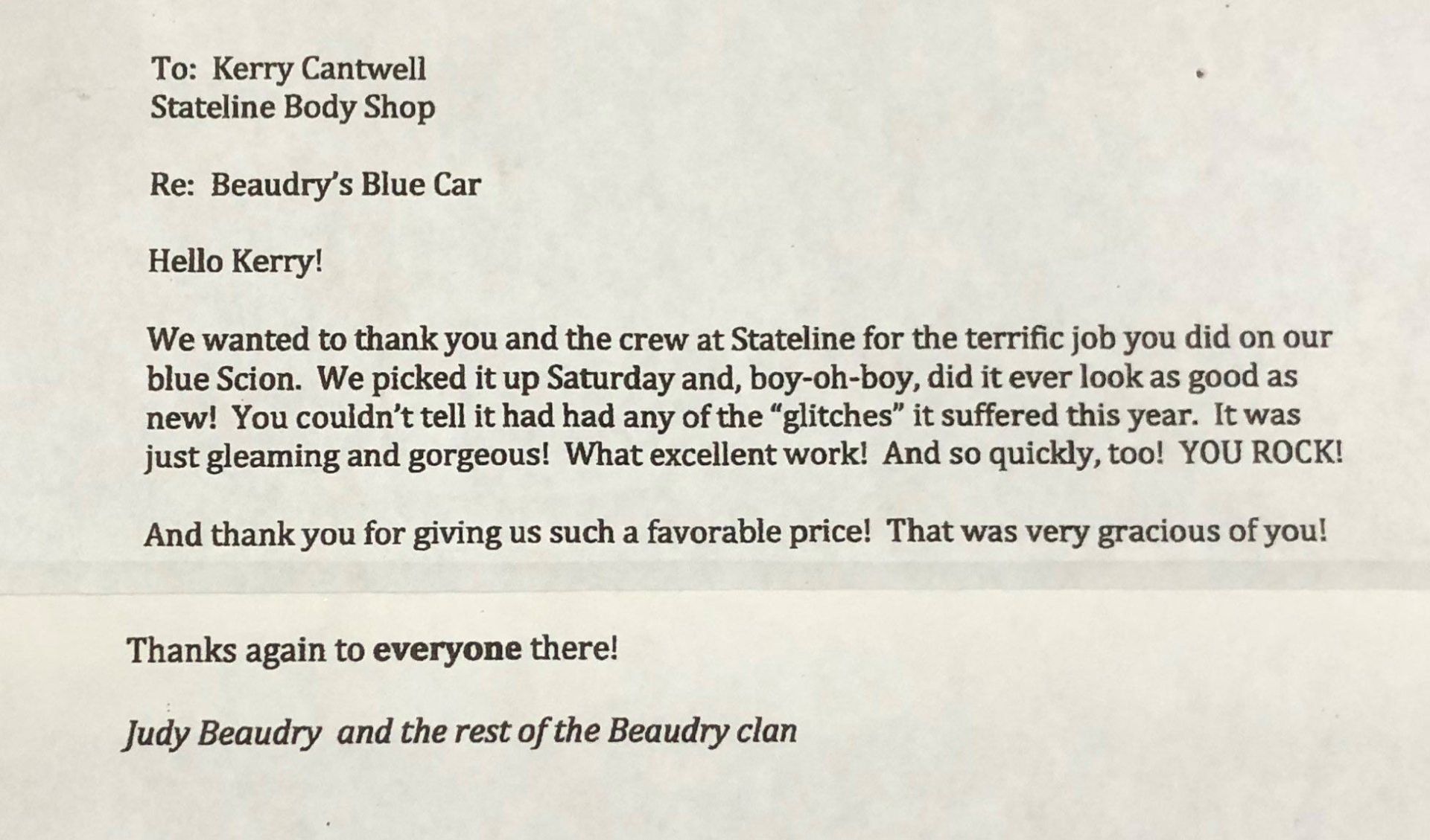 Letter from Beaudry Clan — Oxford, OH — Stateline Auto Body