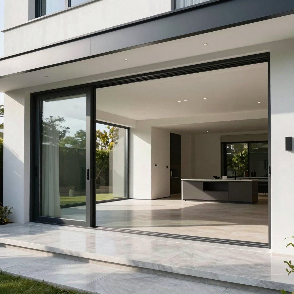 Grote glazen schuifdeuren geven toegang tot het interieur van een moderne woning, met een keuken met een donker kookeiland en een zonnig terras.