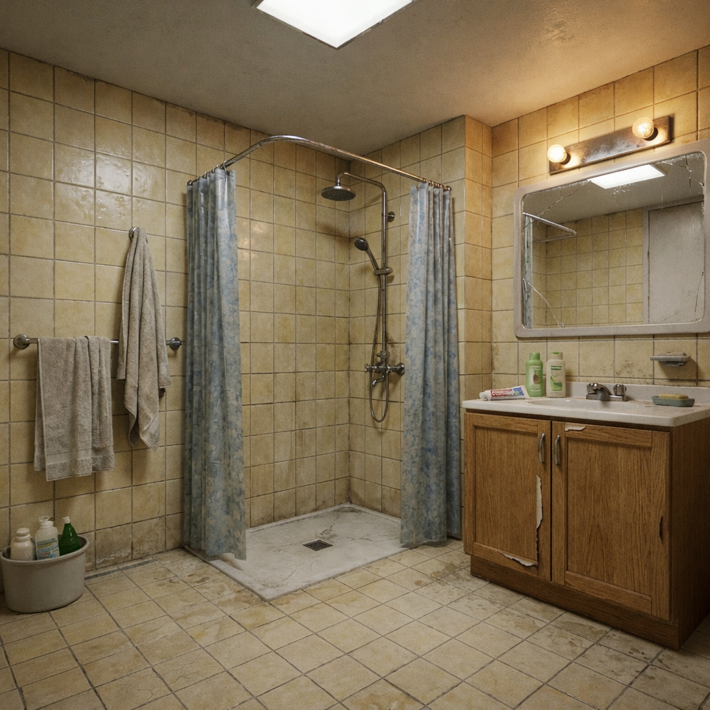 Badkamer met beige tegels, douche met gordijn, houten wastafelmeubel en spiegel. Handdoeken hangen aan een rek.