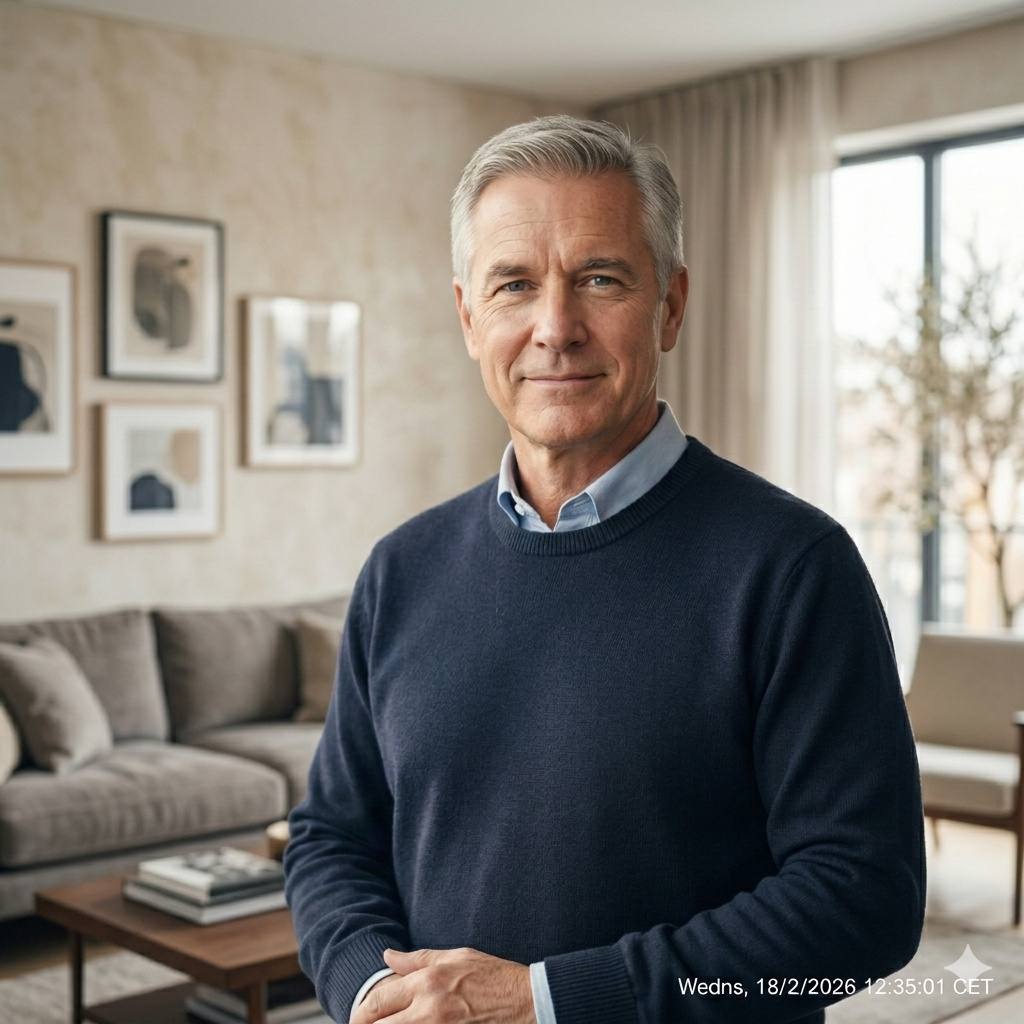 Een man in een donkerblauwe trui glimlacht binnenshuis, met zijn armen langs zijn zij. Woonkamer met bank en kunstwerken op de achtergrond.