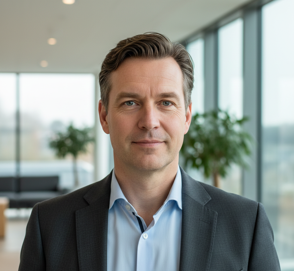 Man in grijs pak en lichtblauw overhemd, binnen, kijkt in de camera.