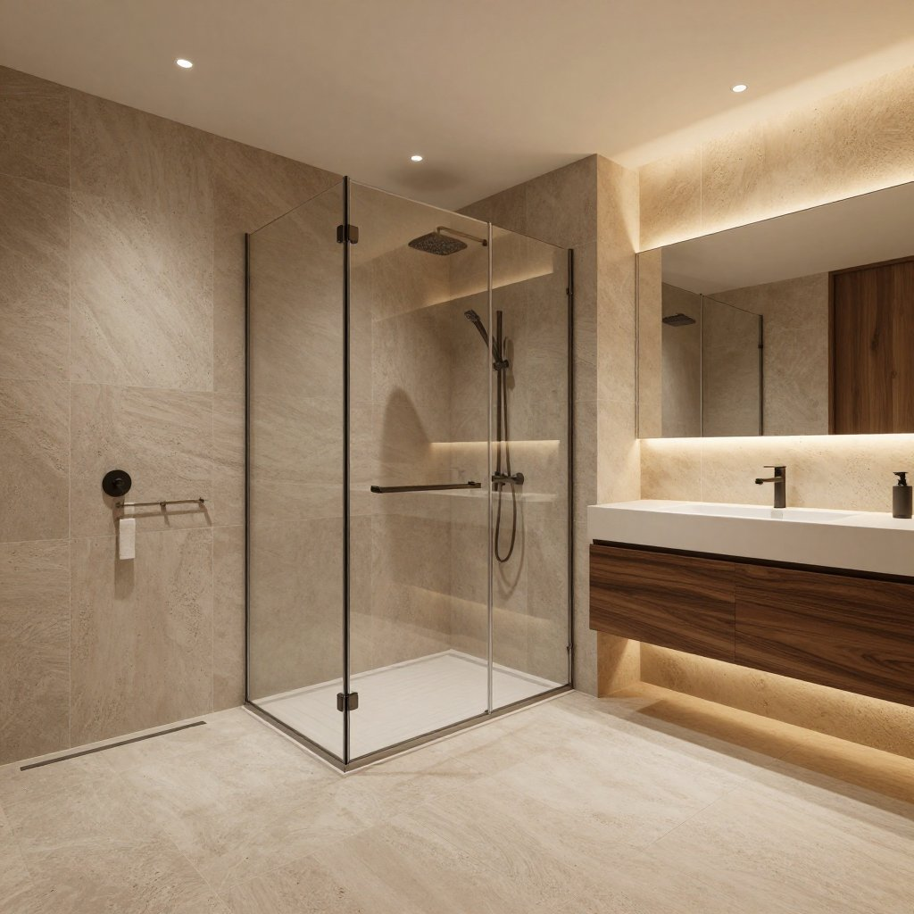 Moderne badkamer met glazen douchecabine, houten wastafelmeubel en beige tegels.