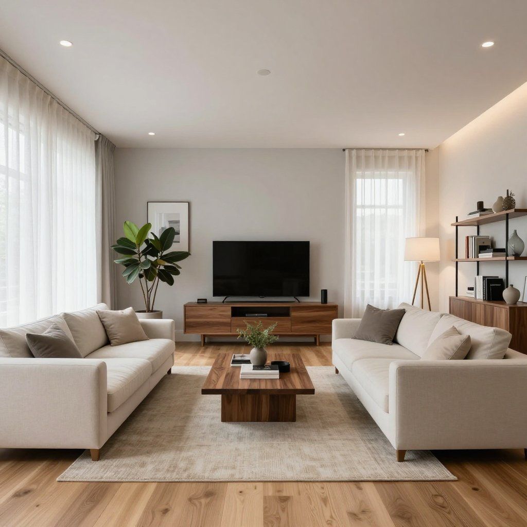 Woonkamer met twee witte banken, houten meubels en een grote tv.