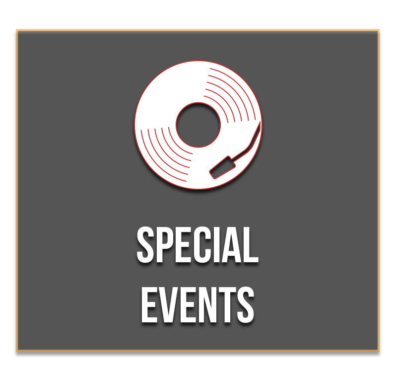 A sign that says special events with a record on it
