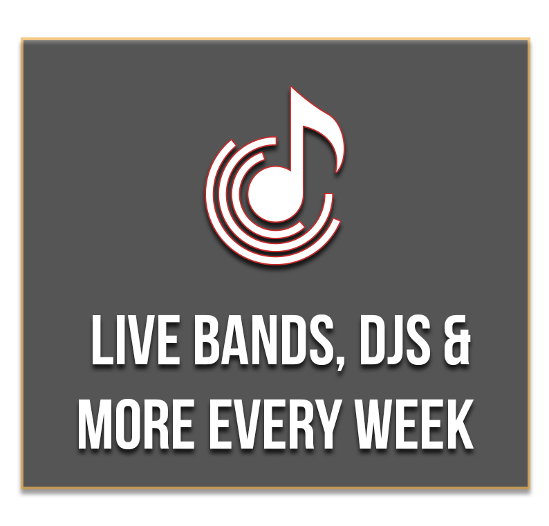 A sign that says live bands , djs and more every week