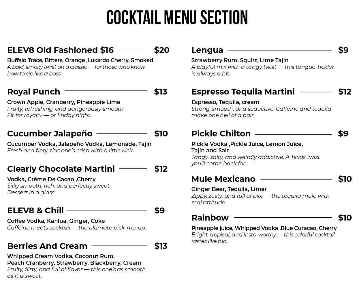 A menu for a restaurant shows a variety of cocktails.