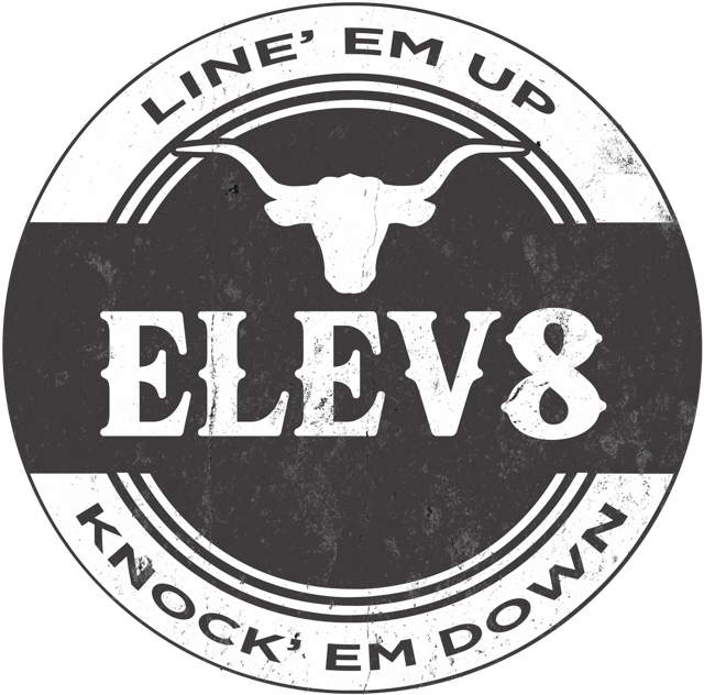 A black and white logo for Club elev8 knock em down