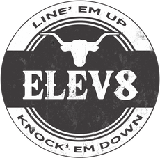 A black and white logo for Club elev8 knock em down