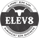 A black and white logo for Club elev8 knock em down