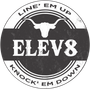 A black and white logo for Club elev8 knock em down
