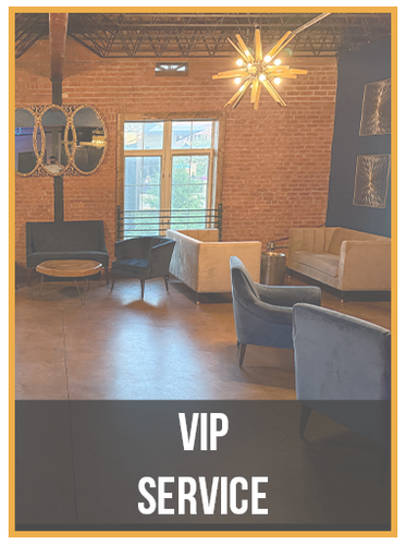 A living room filled with furniture and a sign that says vip service.
