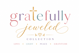 Logo for “Gratefully Jeweled Collection” in gold, pink, and light blue with a cross and words love, light, peace, gratitude