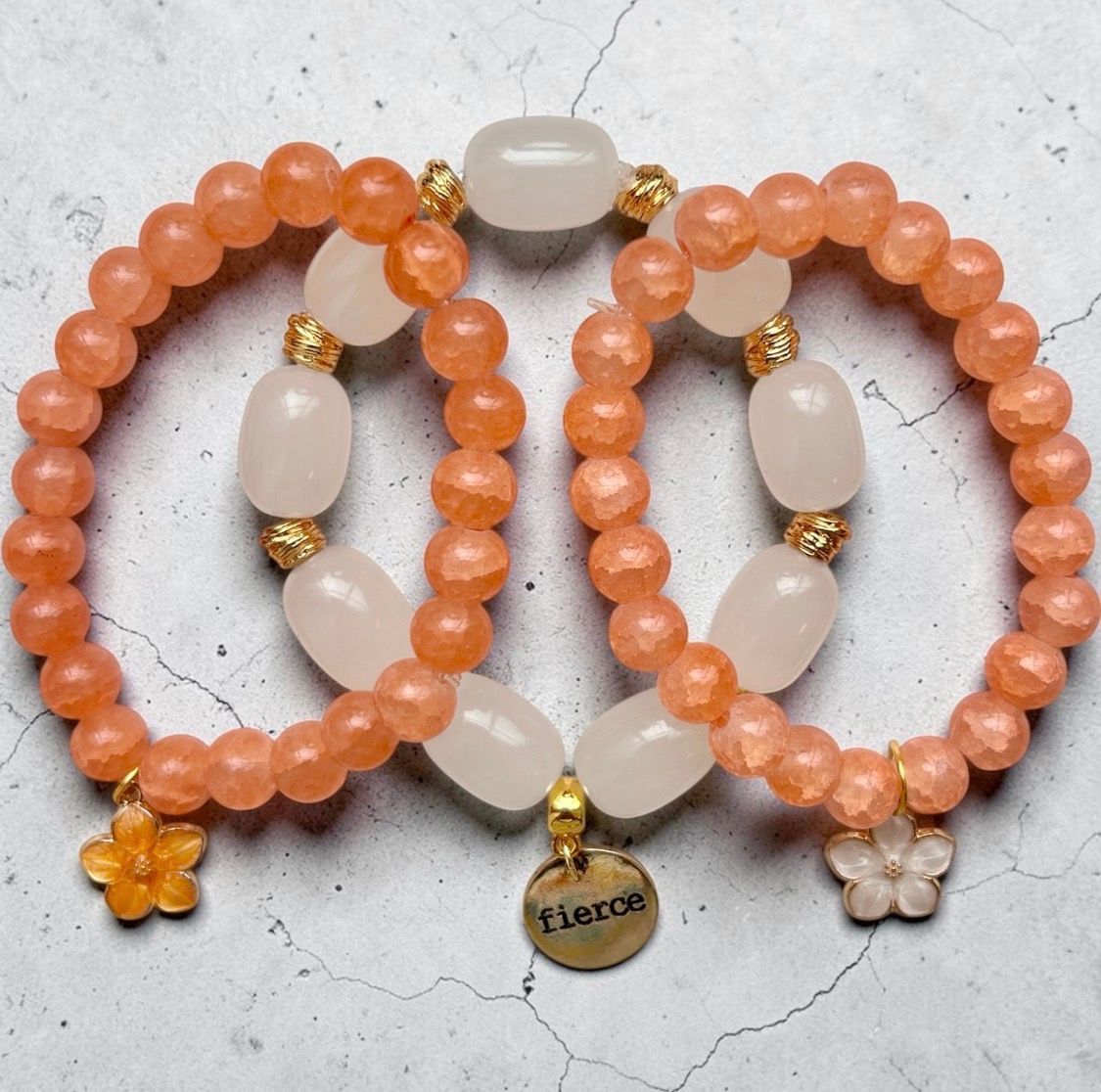 Beaded Orange and White Stacked Set with Charms