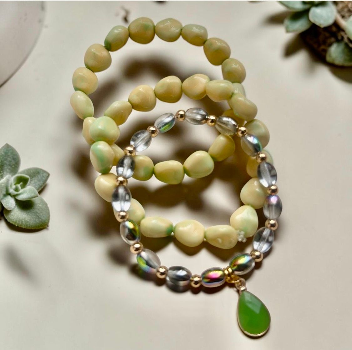Light Green Beaded Bracelts Set with Charm