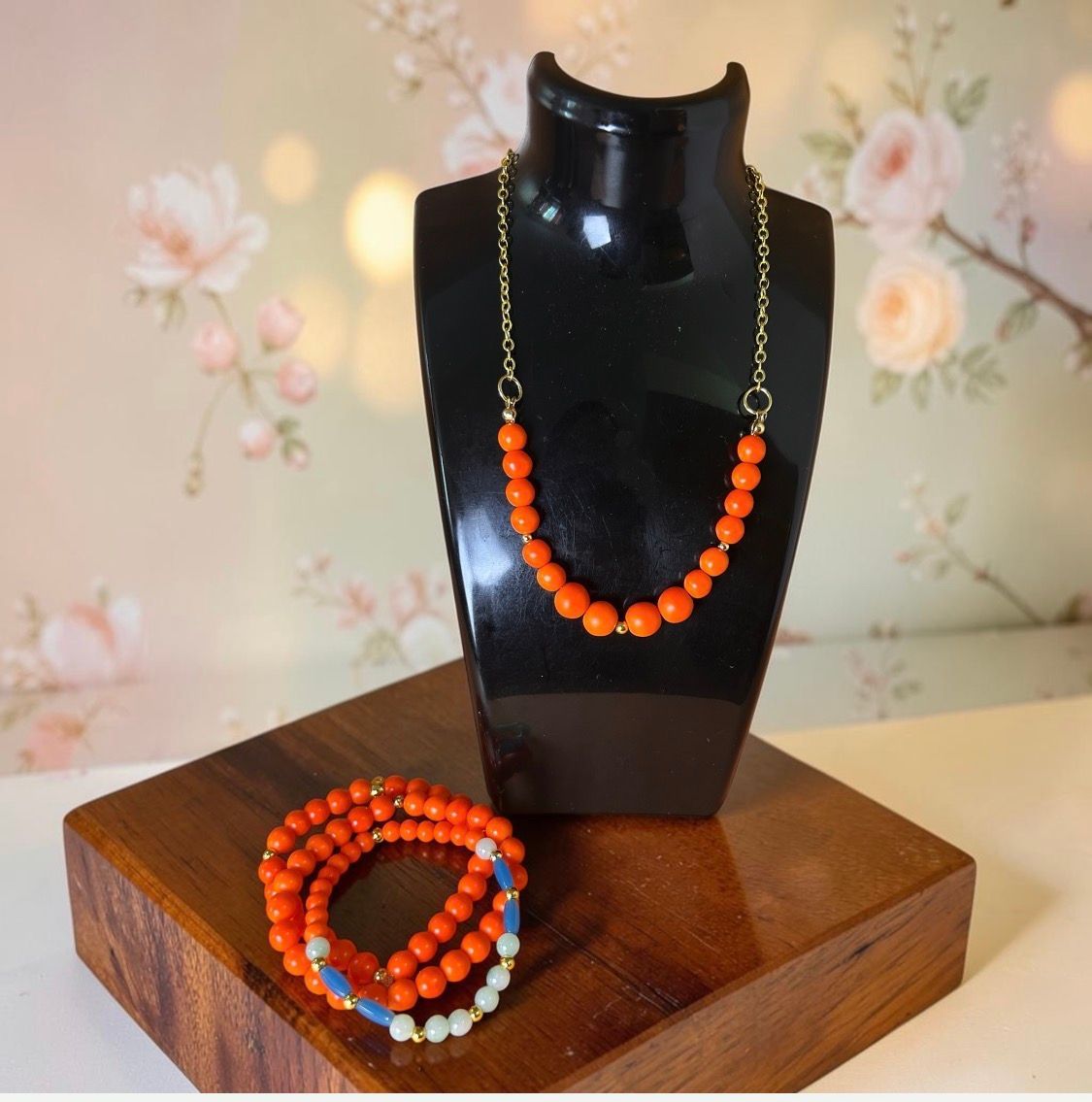 Orange and Gold Necklace and Bracelet Set