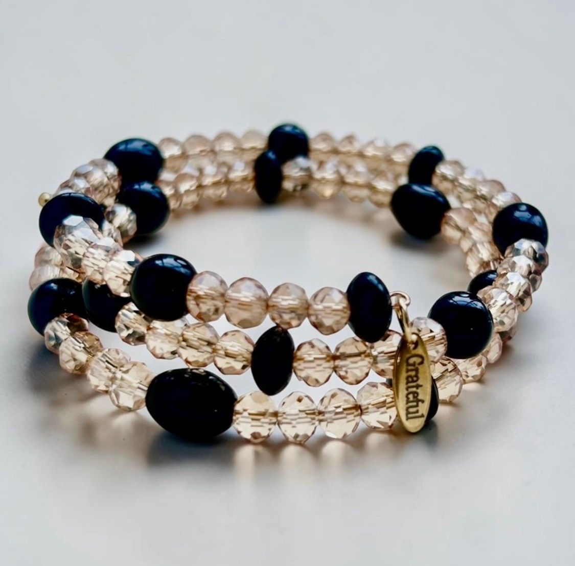 Crystal Beaded Memory Wire with Black Beaded Accents