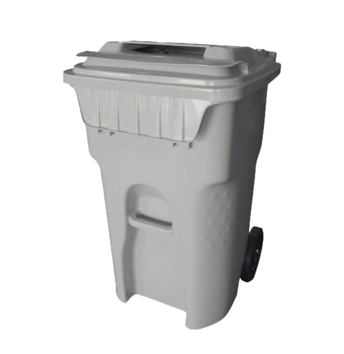 A white garbage can with wheels and a handle