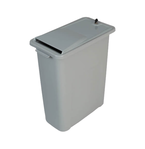 A gray trash can with a lid and handles on a white background.