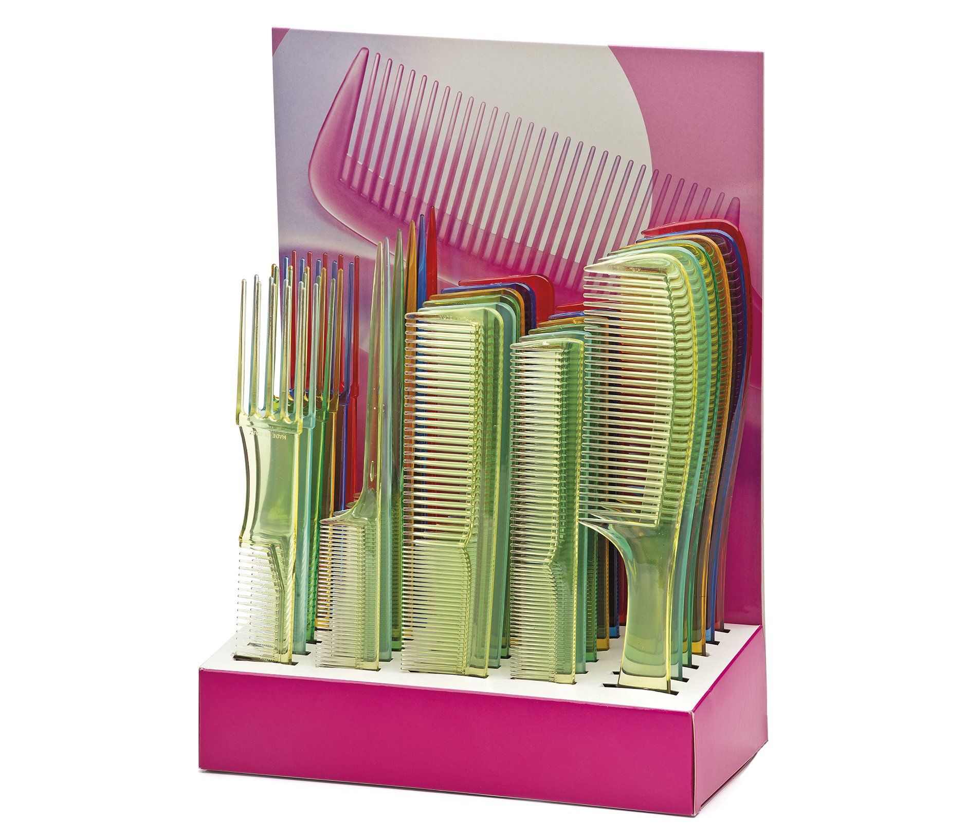 Una mostra di pettini di plastica in una scatola rosa