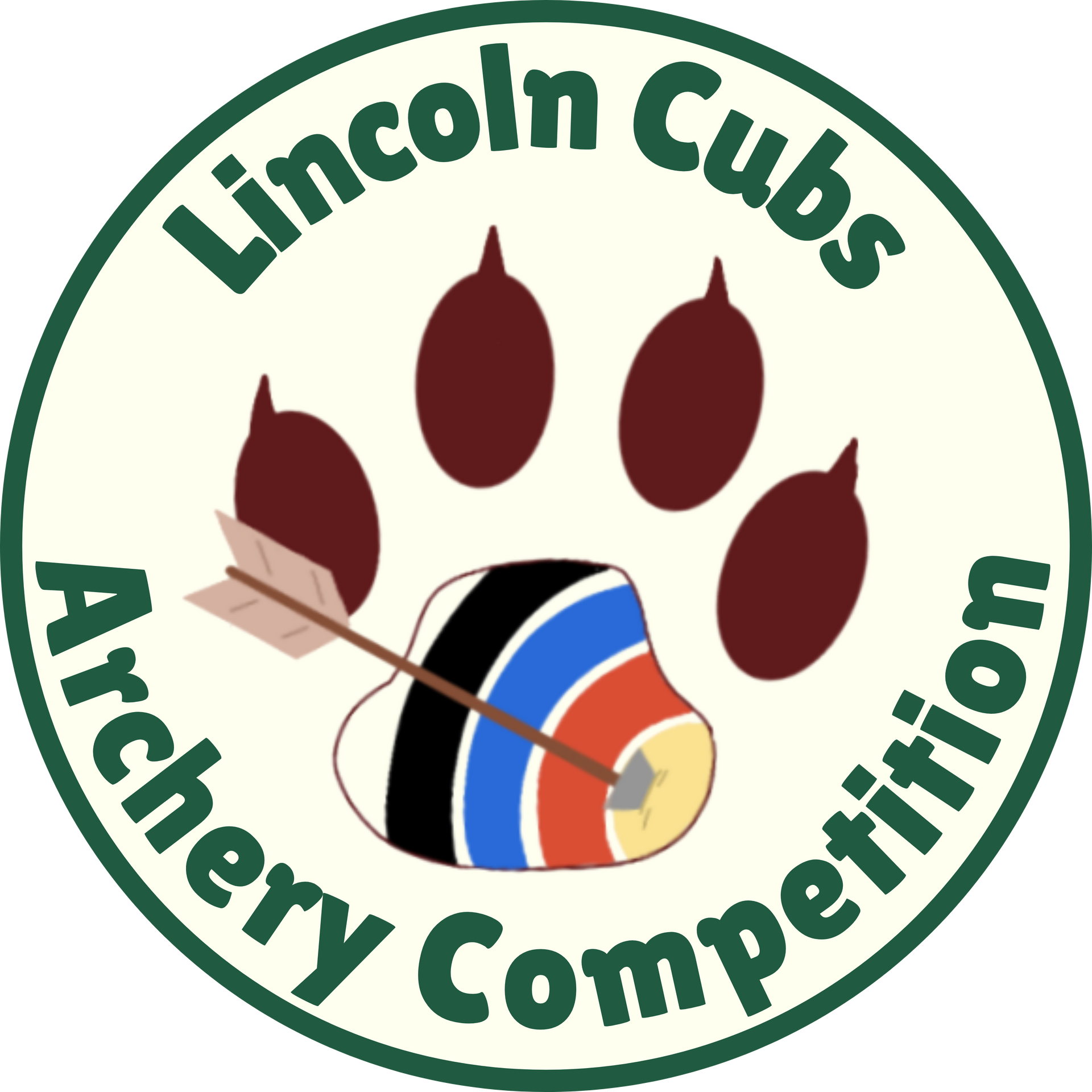 Lincoln Cubs Archery Competition Badge - Round Badge design with a wolf paw print in the centre that has the colours of an archery target