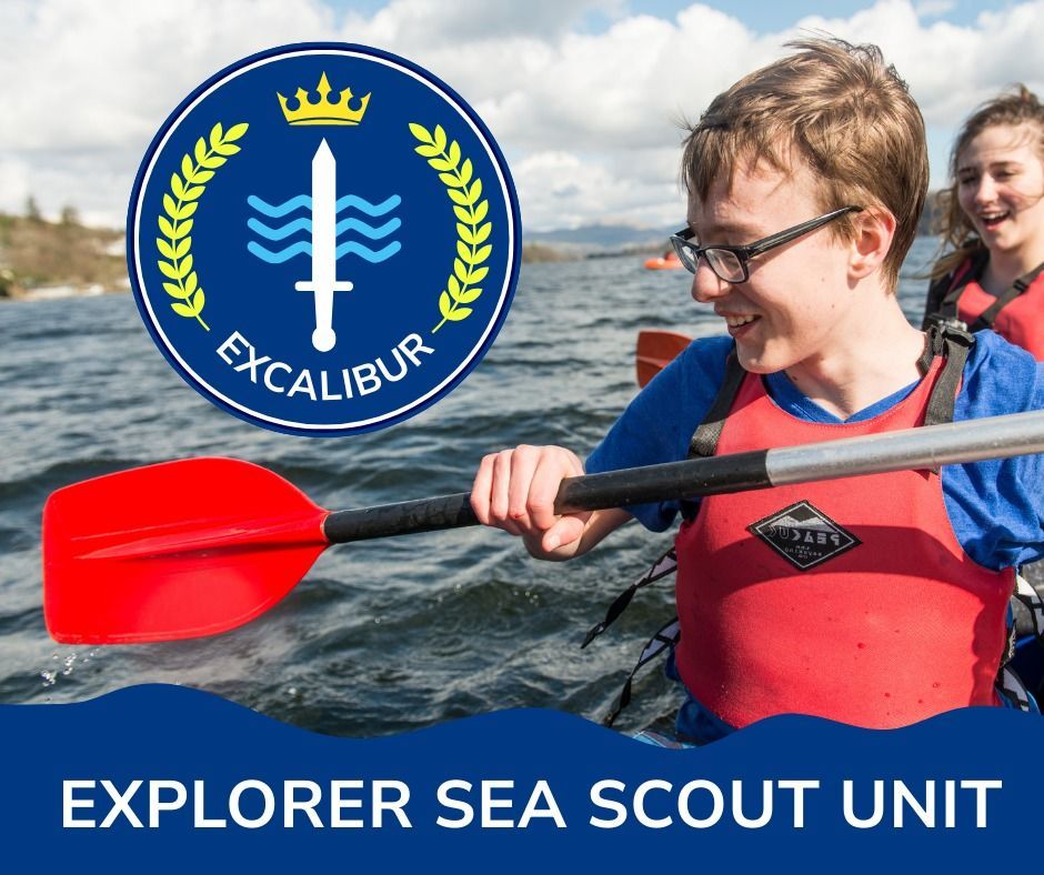 Young people kayaking in life jackets with Excalibur Explorer Sea Scout Unit logo.