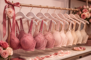 Pink and white lace bras on hangers, displayed on a decorative boutique rack with flowers