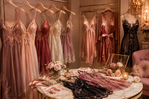 Colourful lingerie displayed in a boutique, with a decorated table in front.