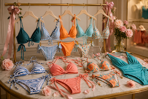 Colorful bikini tops and bottoms displayed on a table and hanging rack in a boutique setting