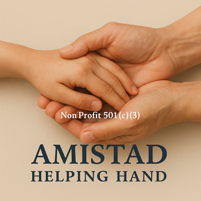 A black and white sign that says `` amistad helping hand a group for immigration services ''.