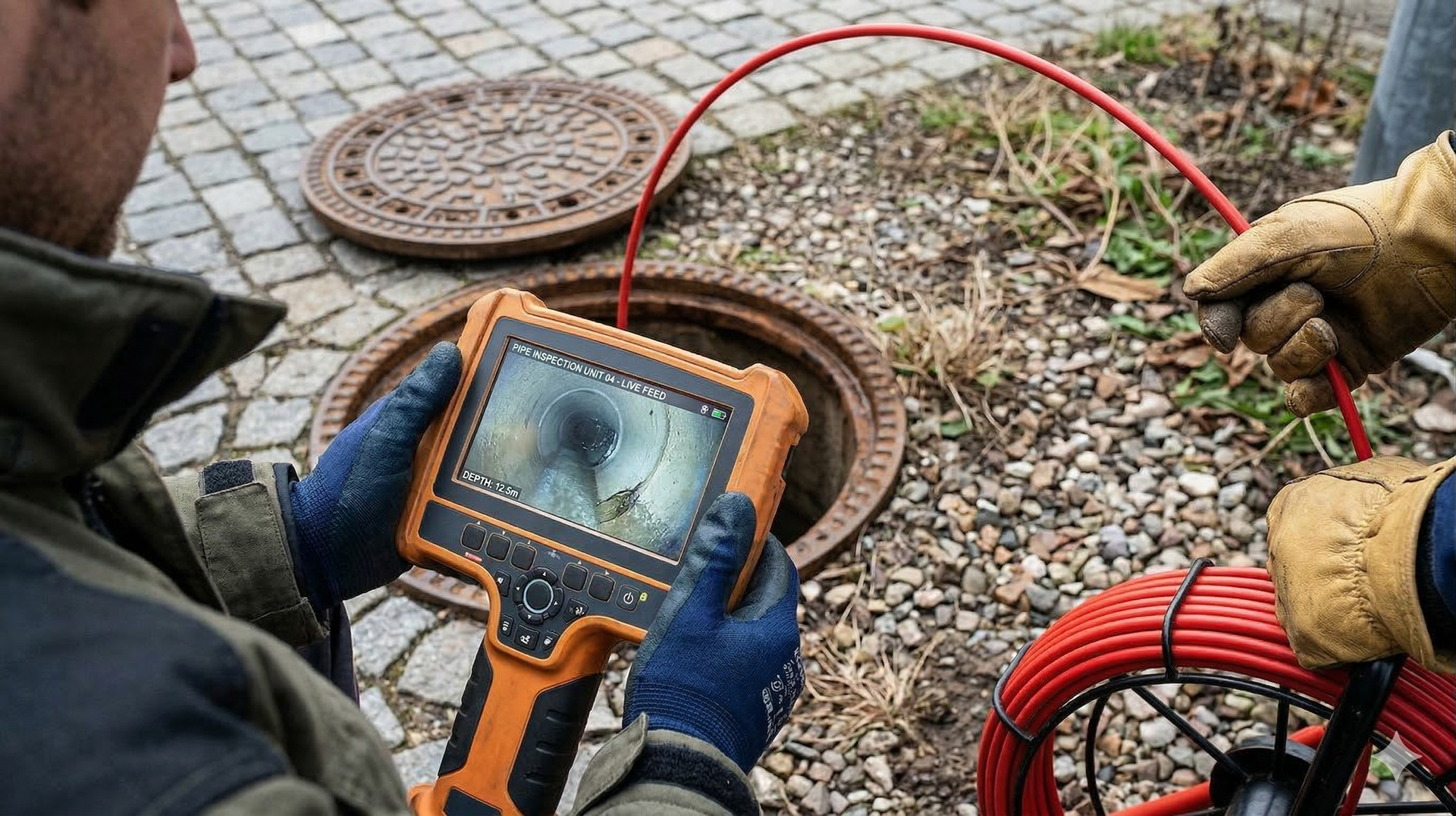 Technician uses a digital inspection camera to view a pipe's interior while working over an open utility manhole.