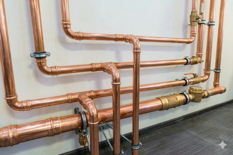 A network of shiny copper pipes with valves and fittings mounted on a light-colored wall above a dark floor.