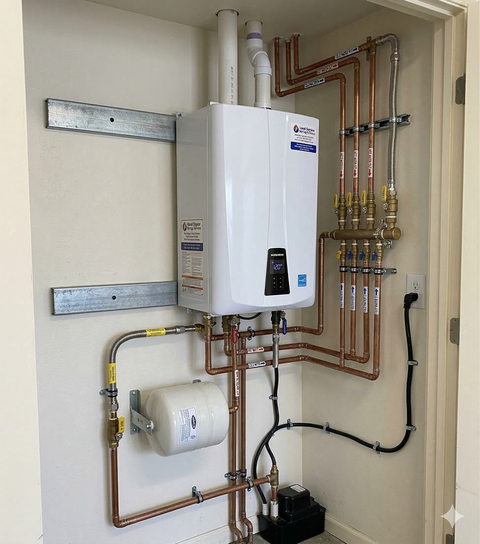 A white tankless water heater mounted on a wall with copper plumbing, valves, and an expansion tank in a utility closet.