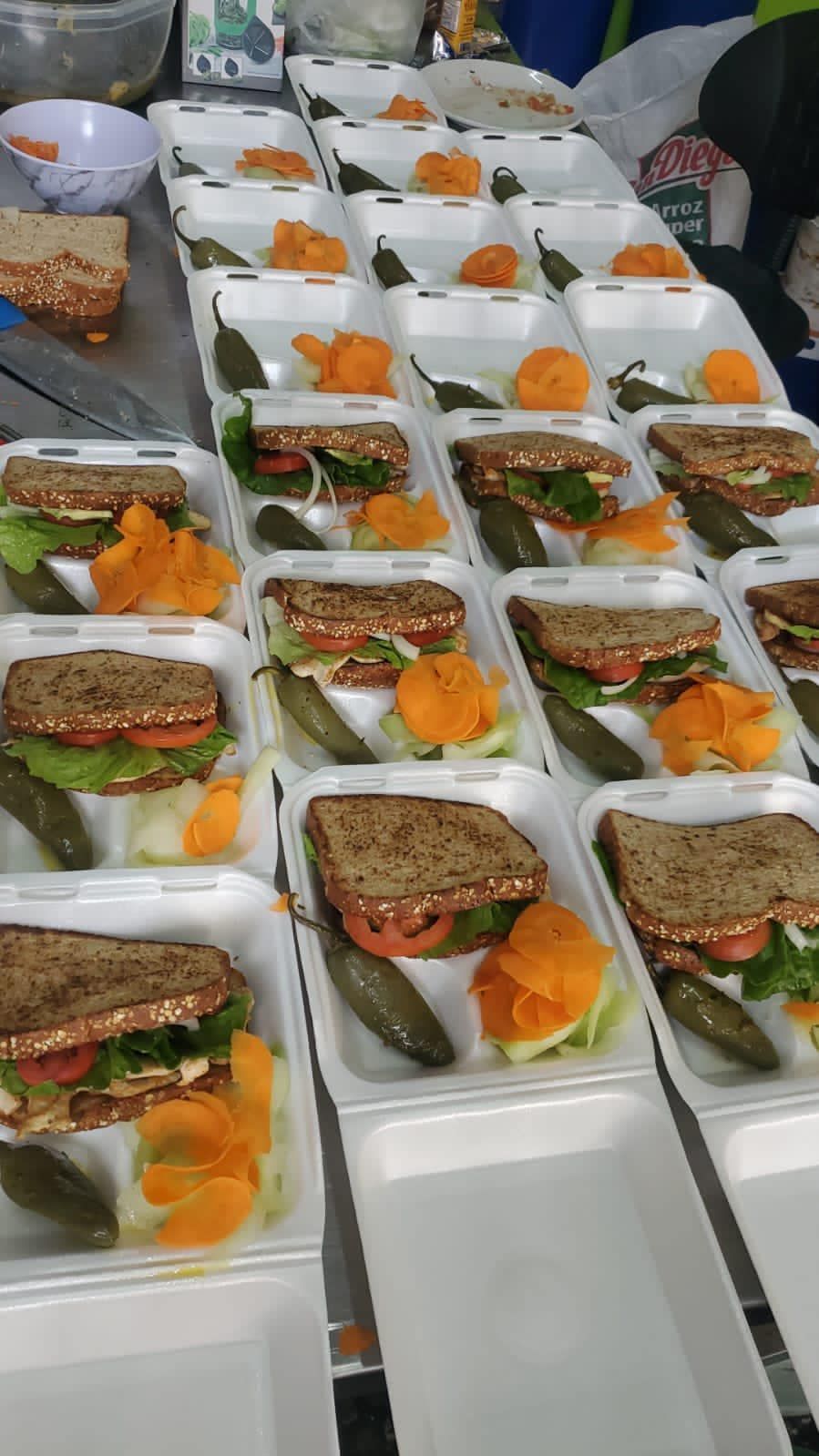 A grid of white take-out containers, each holding a whole-grain sandwich, a pickle, and orange vegetable slices.