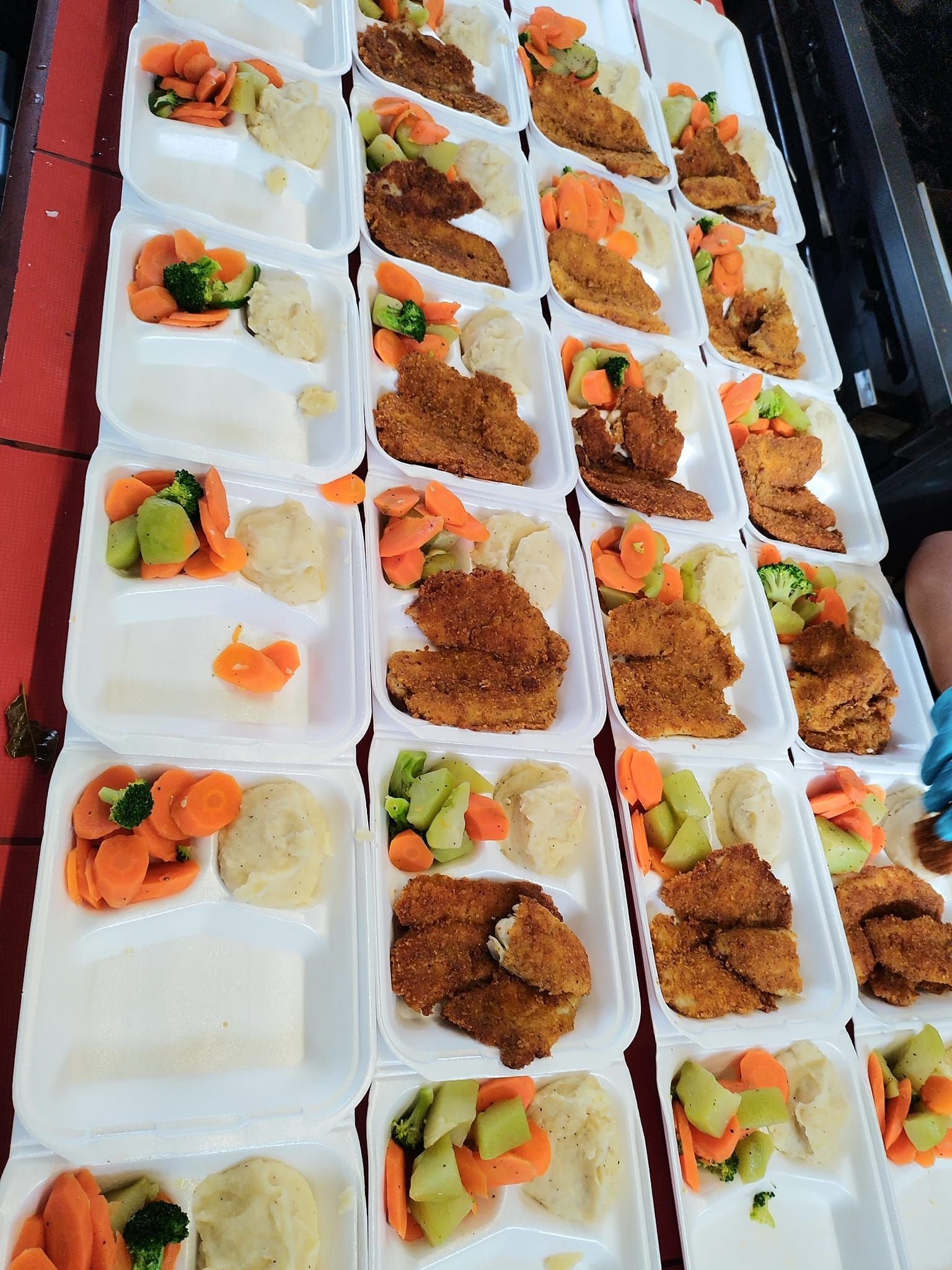 Rows of white food trays containing breaded meat, mashed potatoes, and sliced carrots and broccoli on a red surface.
