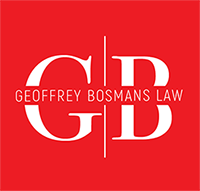 The logo for geoffrey bosmans law is on a red background.