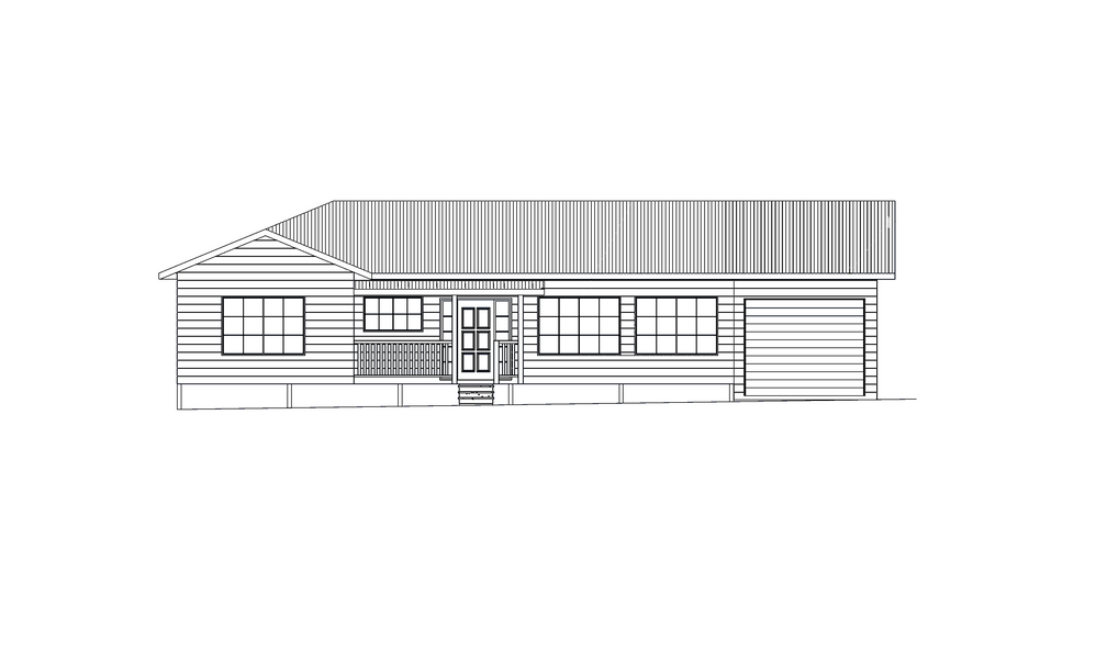 Black and White Line Drawing of One-Story House With Garage and Porch — Mid North Coast Drafting & Construction in Taree, NSW