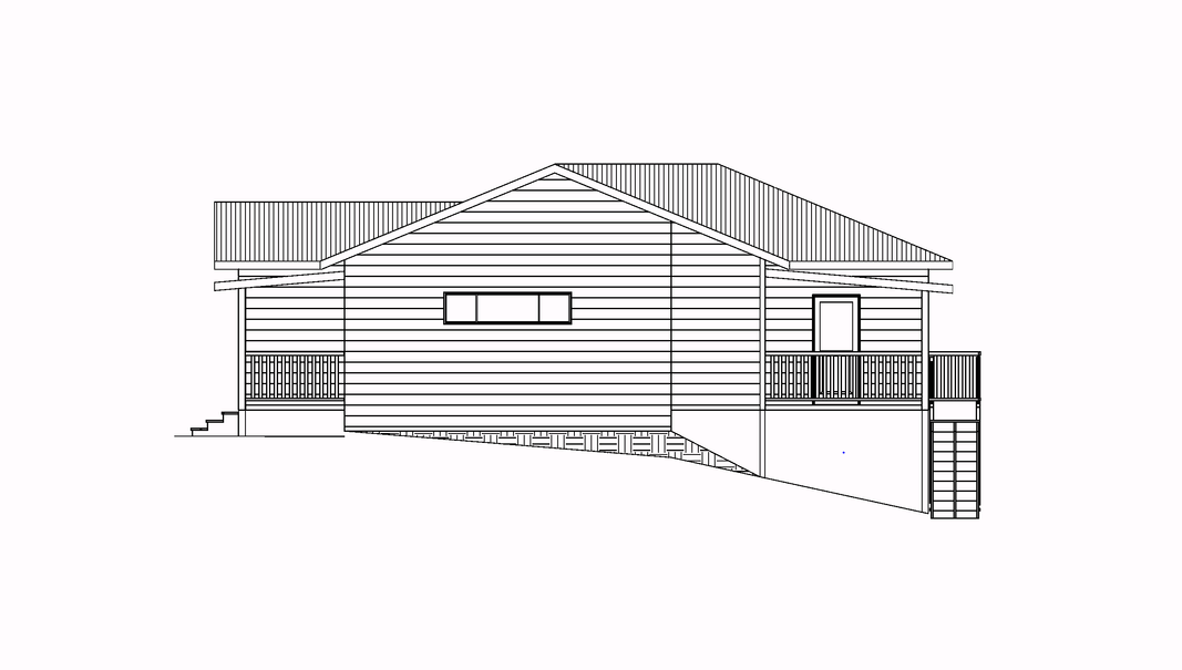 Side elevation of a building. It's a house with horizontal siding, windows, a deck, and a sloped roof — Mid North Coast Drafting & Construction in Taree, NSW
